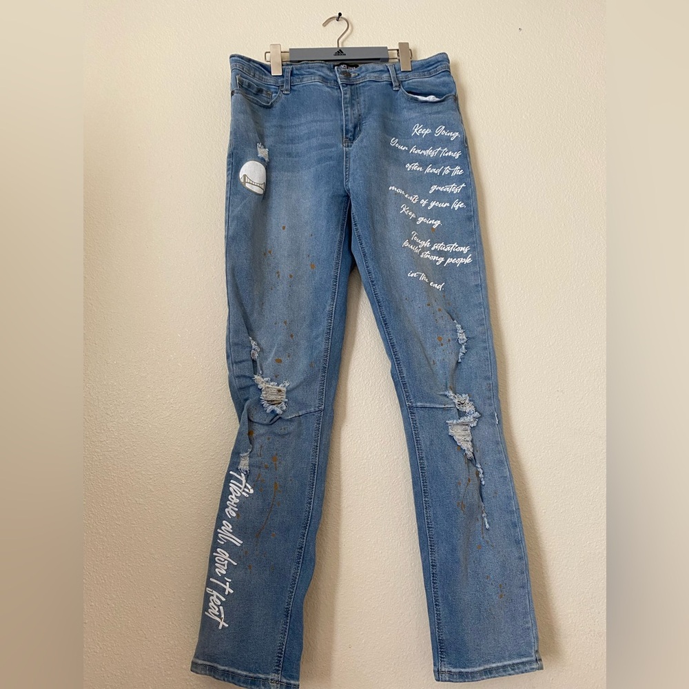 Encrypted Men’s Blue Distressed Jeans with Script Detail Size 36